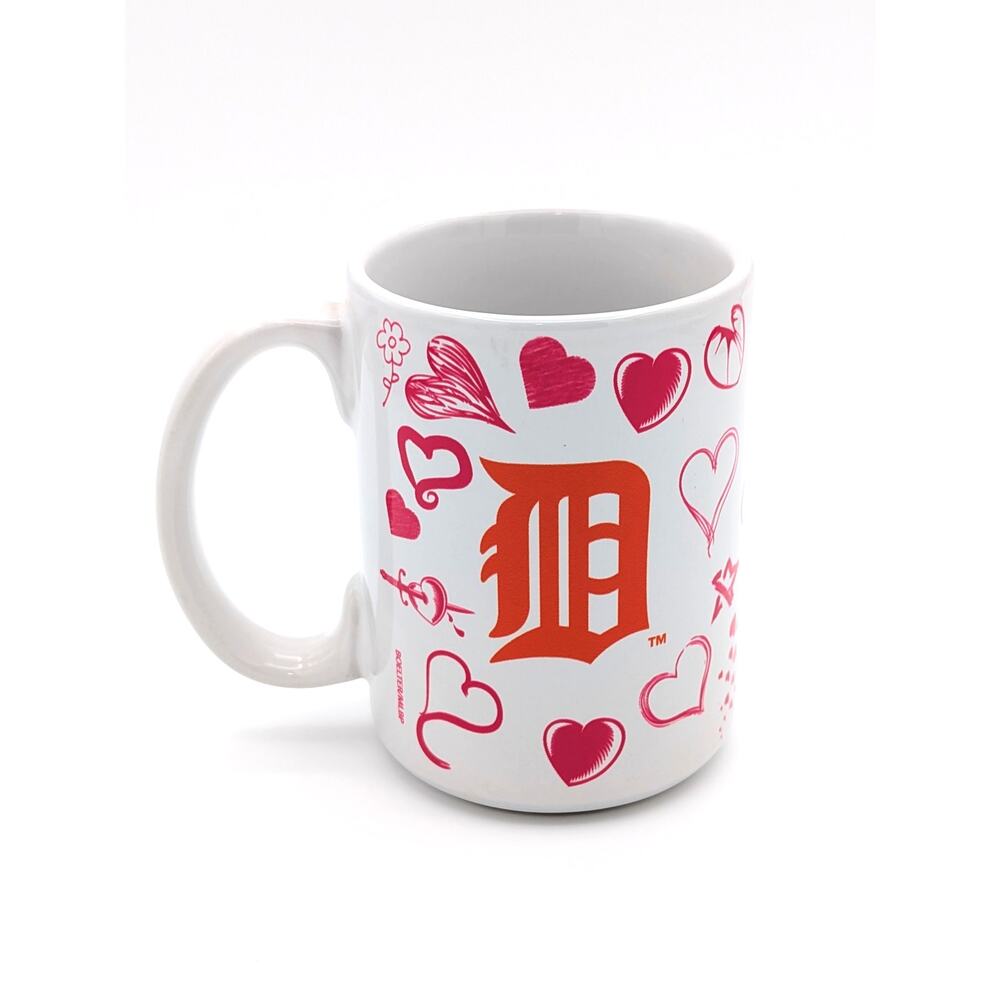 Detroit Tigers Coffee Mug MLB Baseball Doodle Hearts Love Theme Pink Orange